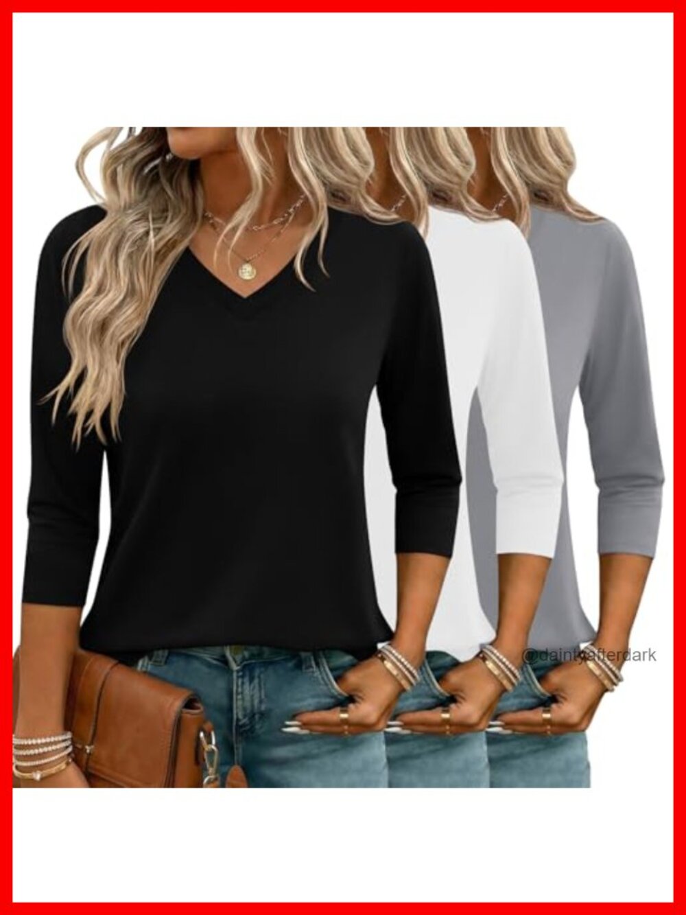 3/4 Sleeve V Neck Tops Women's Casual T-Shirts 3 Pack